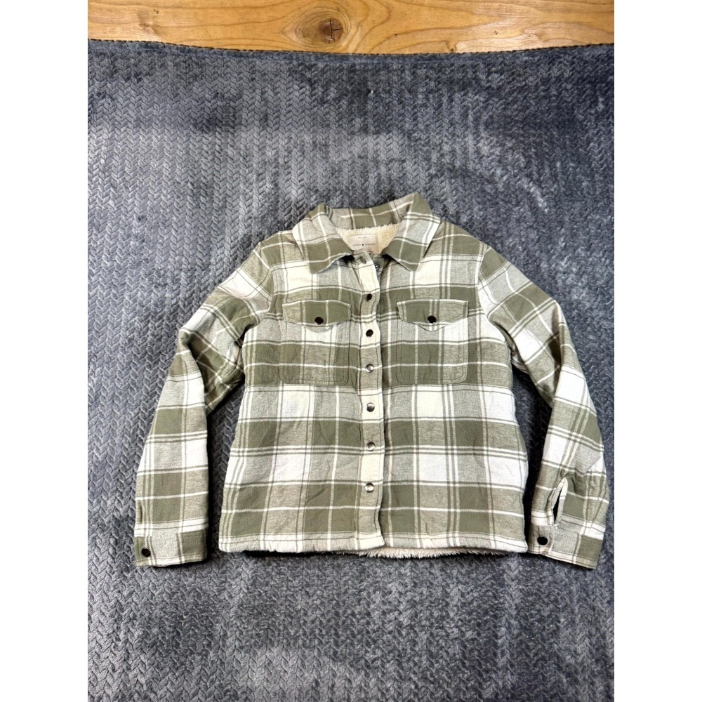 Lucky Brand Flannel‎ Shirt Jacket Womens XS Green Beige Taupe Plaid Sherpa Lined